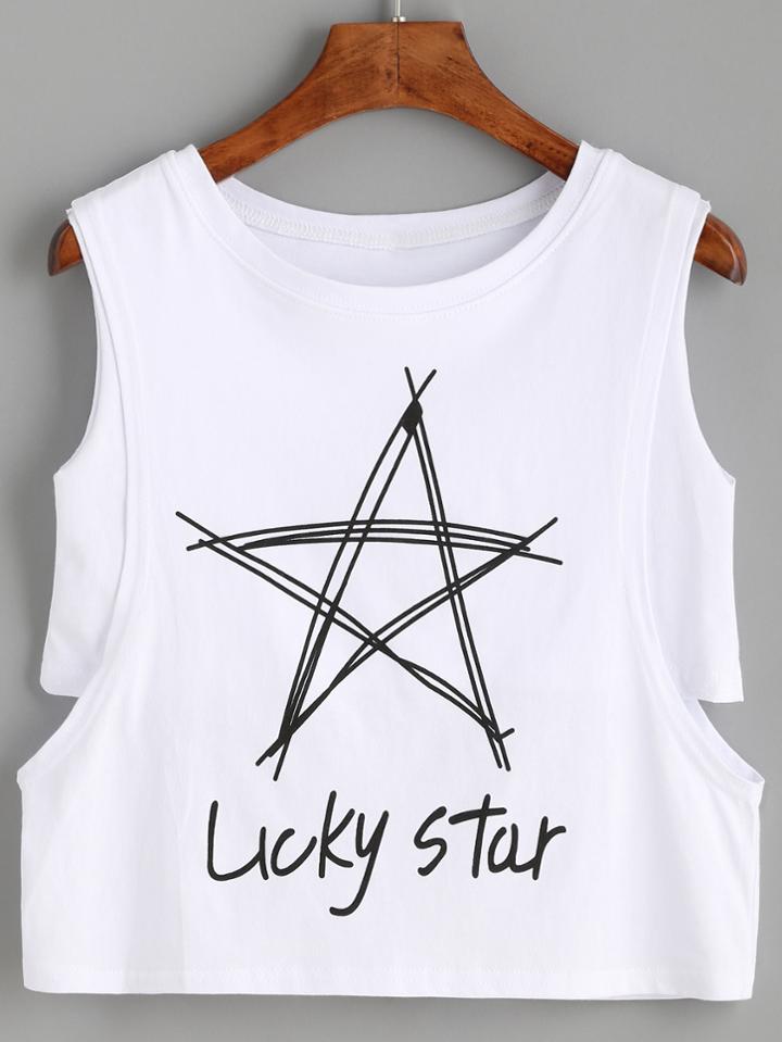 Romwe White Star Print Cutout 2 In 1 Tank Top