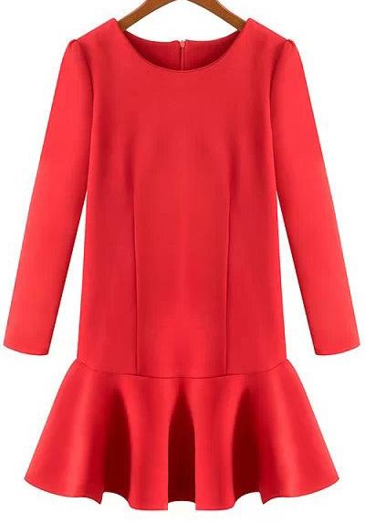 Romwe Red Long Sleeve Slim Flouncing Dress