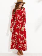 Romwe Red Floral Print Buttons Front Shirt Dress