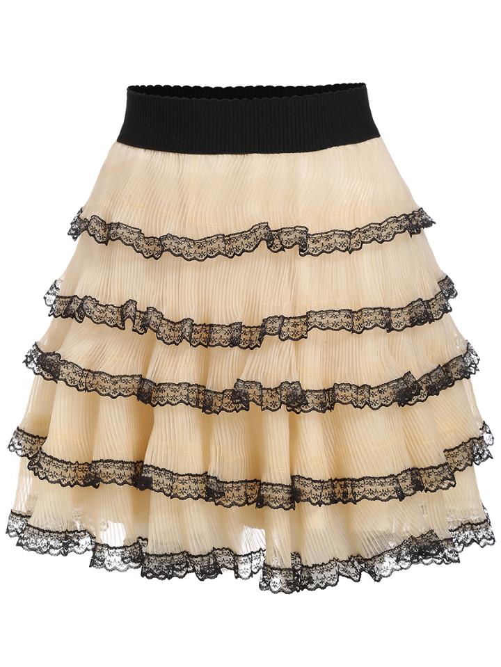 Romwe Elastic Waist Contrast Lace Tiered Skirt