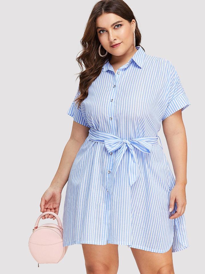 Romwe Self Tie Waist Split Side Striped Dress