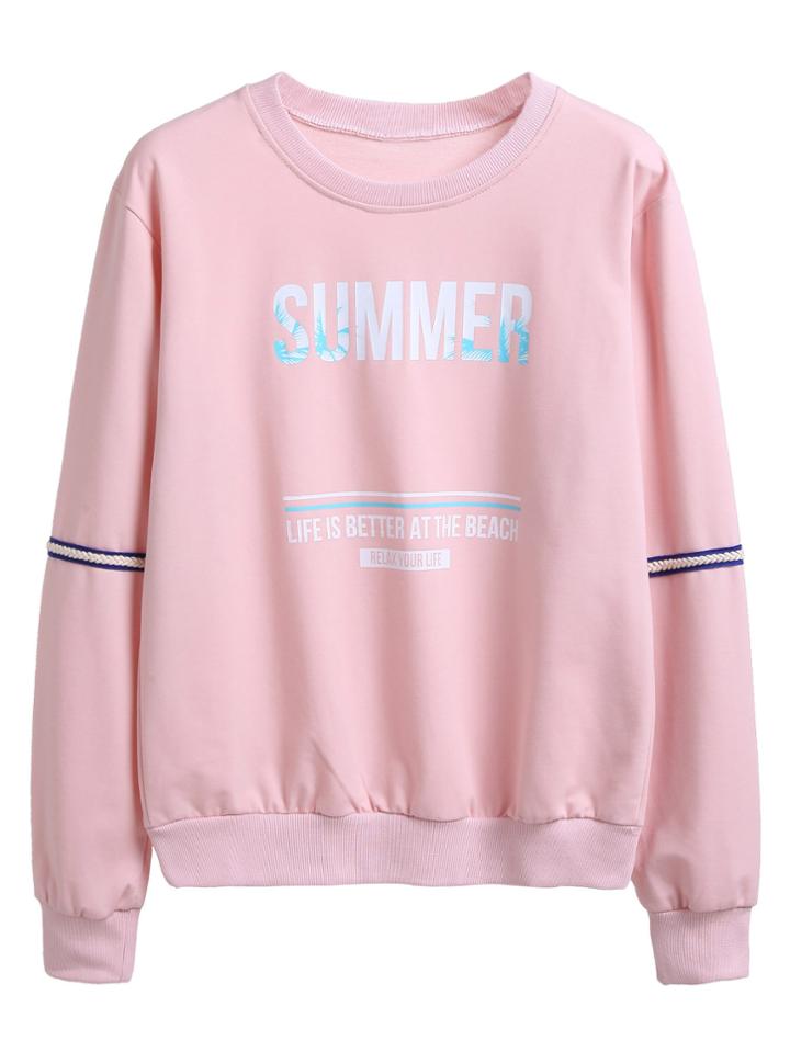 Romwe Pink Letter Print Sweatshirt With Sleeve Tape Detail