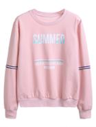 Romwe Pink Letter Print Sweatshirt With Sleeve Tape Detail