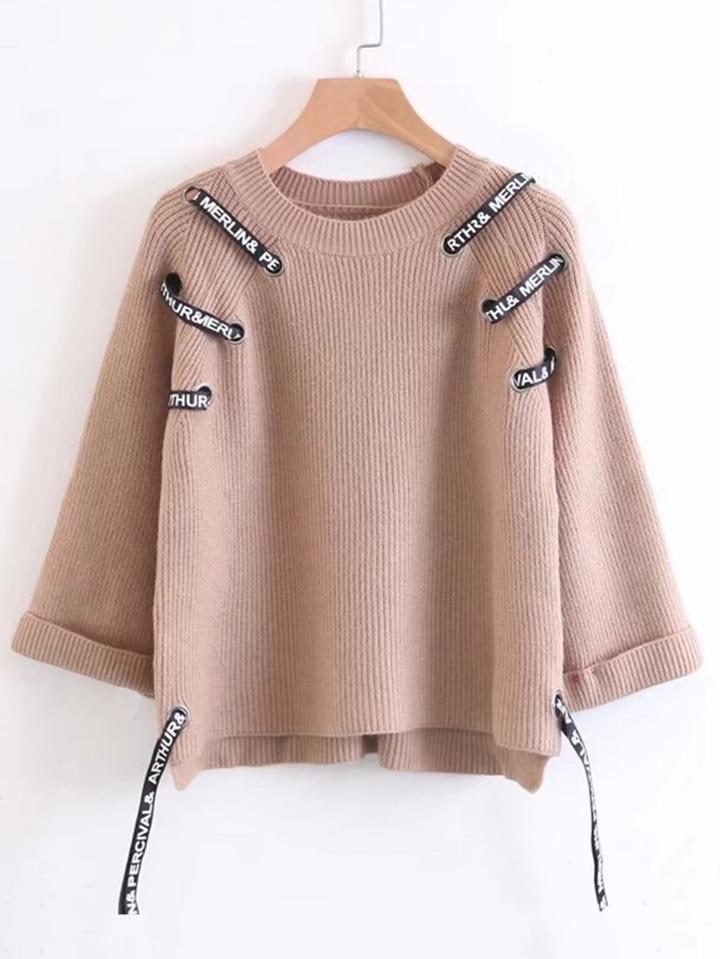 Romwe Slogan Strap Raglan Sleeve Ribbed Knitwear
