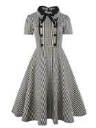 Romwe Button Front Bow Tie Neck Gingham Shirt Dress