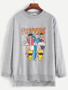 Romwe Grey Cartoon Print Drop Shoulder High Low Sweatshirt
