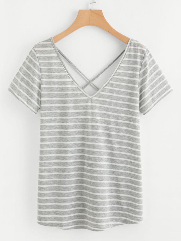 Romwe V Neckline Criss Cross Back Striped Tee