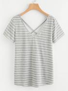 Romwe V Neckline Criss Cross Back Striped Tee