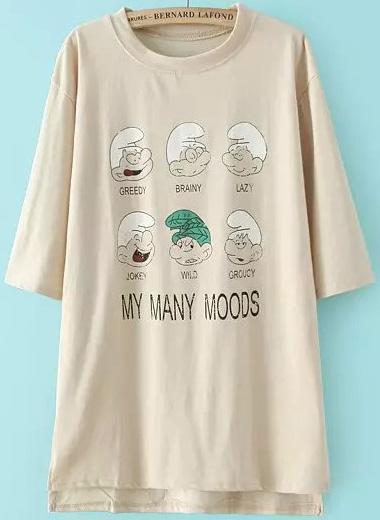 Romwe Dip Hem Split Moods Print Apricot T-shirt