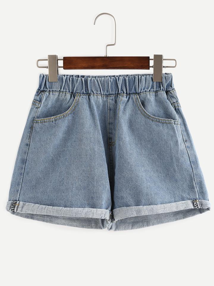 Romwe Elastic Waist Roll Hem Blue Denim Shorts