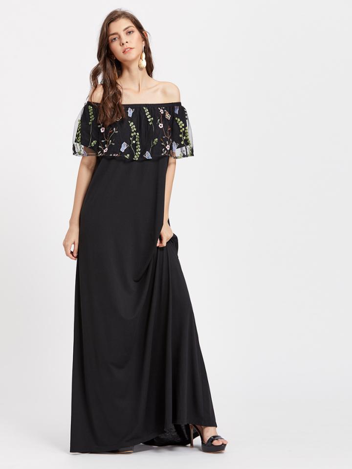 Romwe Embroidered Mesh Flounce Layered Neckline Dress