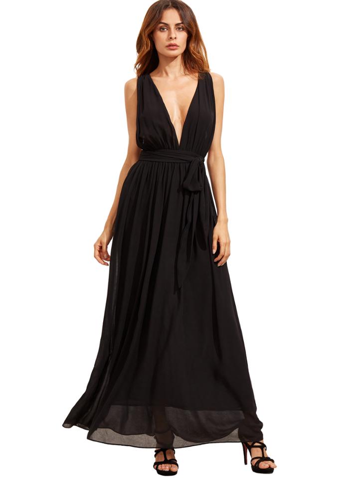 Romwe Black Deep V Neck Self-tie Waist Maxi Dress