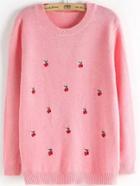 Romwe Cherry Embroidered Loose Pink Sweater