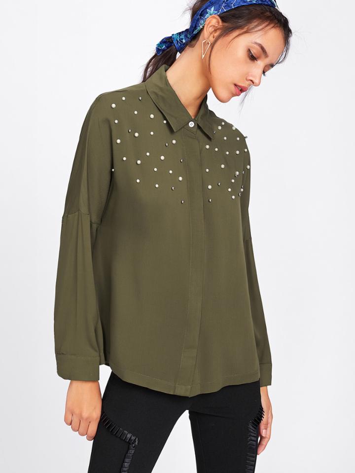 Romwe Drop Shoulder Pearl Beaded Shirt