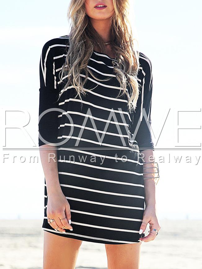 Romwe Black Half Sleeve Striped Dress