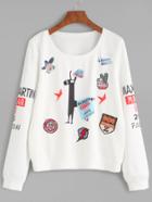 Romwe Beige Printed Embroidered Patches Sweatshirt