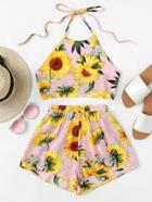 Romwe Sunflower Print Crop Halter Top With Shorts Set