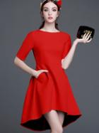 Romwe Red Round Neck Short Sleeve Pockets High Low Dress