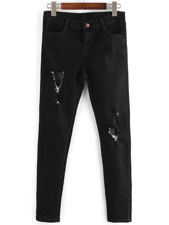 Romwe Ripped Black Skinny Jeans