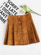 Romwe Suede Single Breasted Box Pleated Skirt
