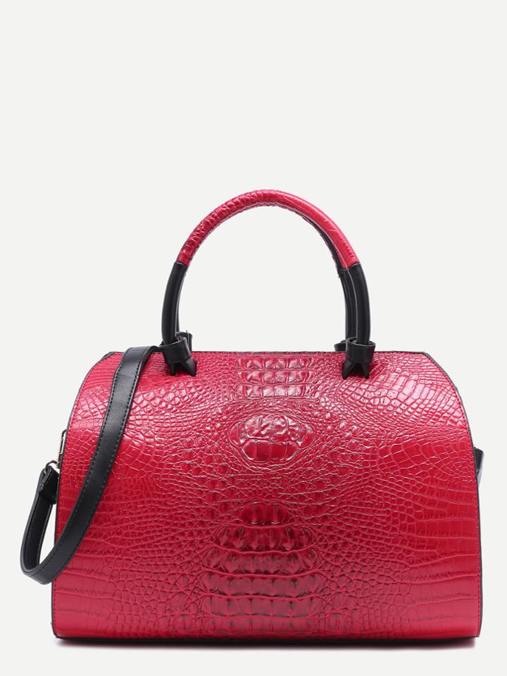 Romwe Red Croc Embossed Leather Front Zipper Bowling Bag