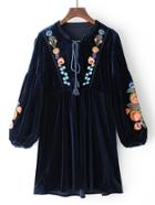 Romwe Tassel Tie Neck Drop Shoulder Flower Embroidery Velvet Dress
