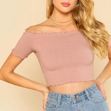 Romwe Lettuce Edge Bardot Ribbed Crop Top