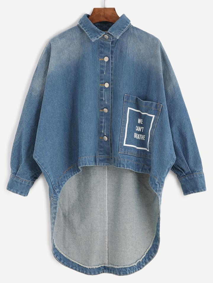 Romwe Blue Letter Print High Low Denim Coat