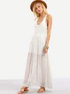 Romwe Lace Applique Lace-up Back Dress - White