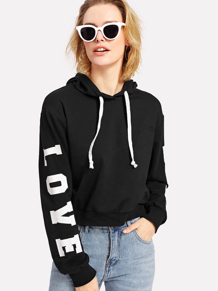 Romwe Love Print Sleeve Drop Shoulder Hoodie