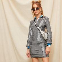 Romwe Snap Button Front Stripe Trim Sequin Dress