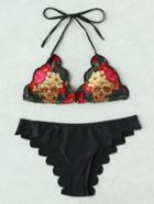 Romwe Skeleton & Flower Print Scalloped Trim Bikini Set