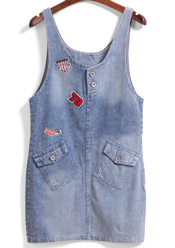 Romwe With Pockets Patch Denim Dress