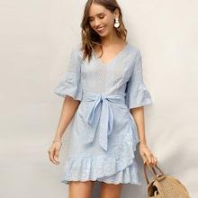 Romwe Bell Sleeve Ruffle Wrap Hem Belted Schiffy Dress