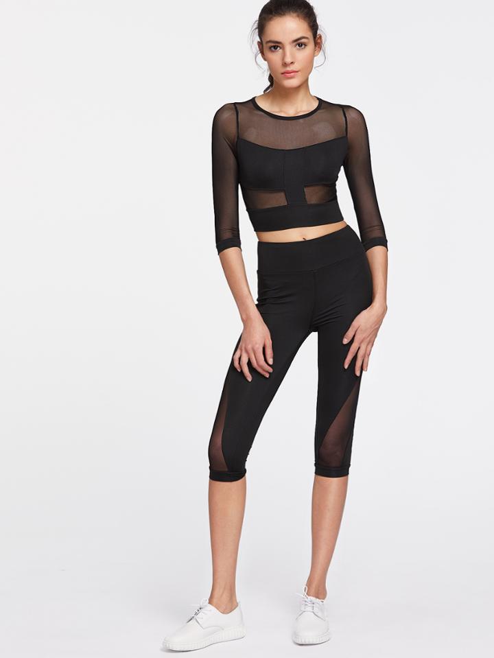 Romwe Active Mesh Paneled Top With Capri Leggings