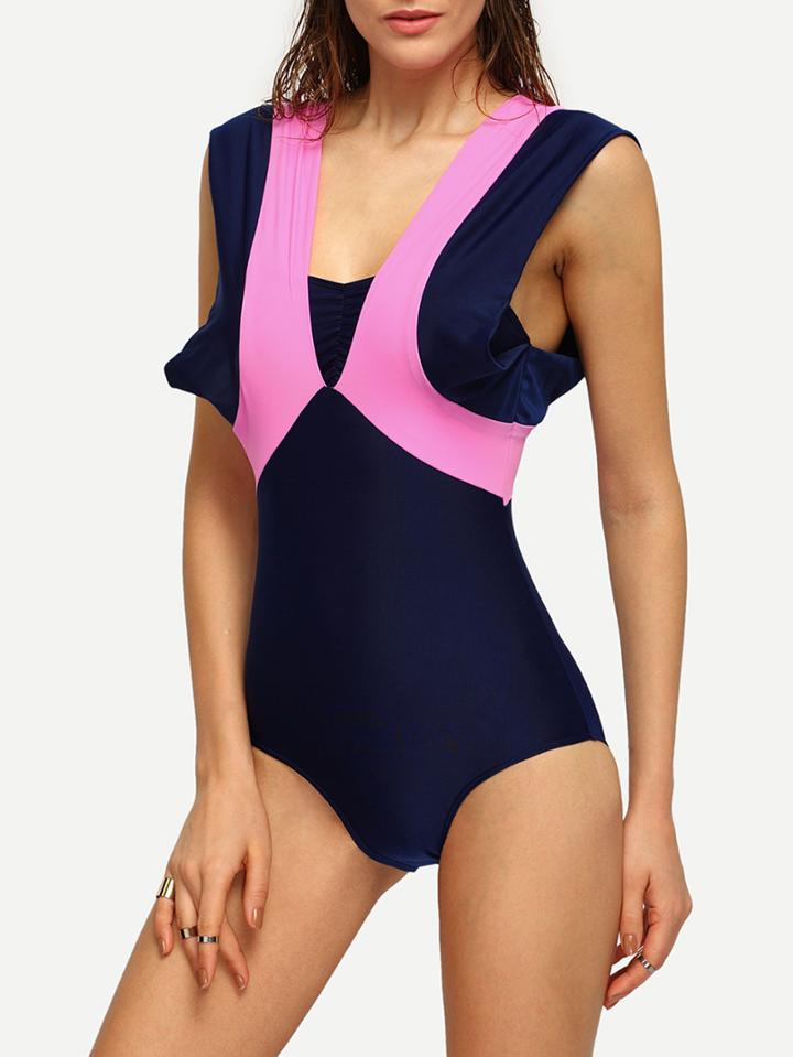 Romwe Color Panel Ruffle Sleeve One-piece Swimwear