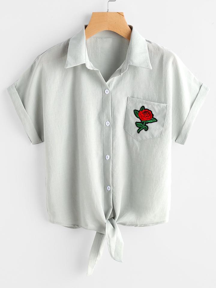 Romwe Rose Applique Knotted Front Cuffed Top