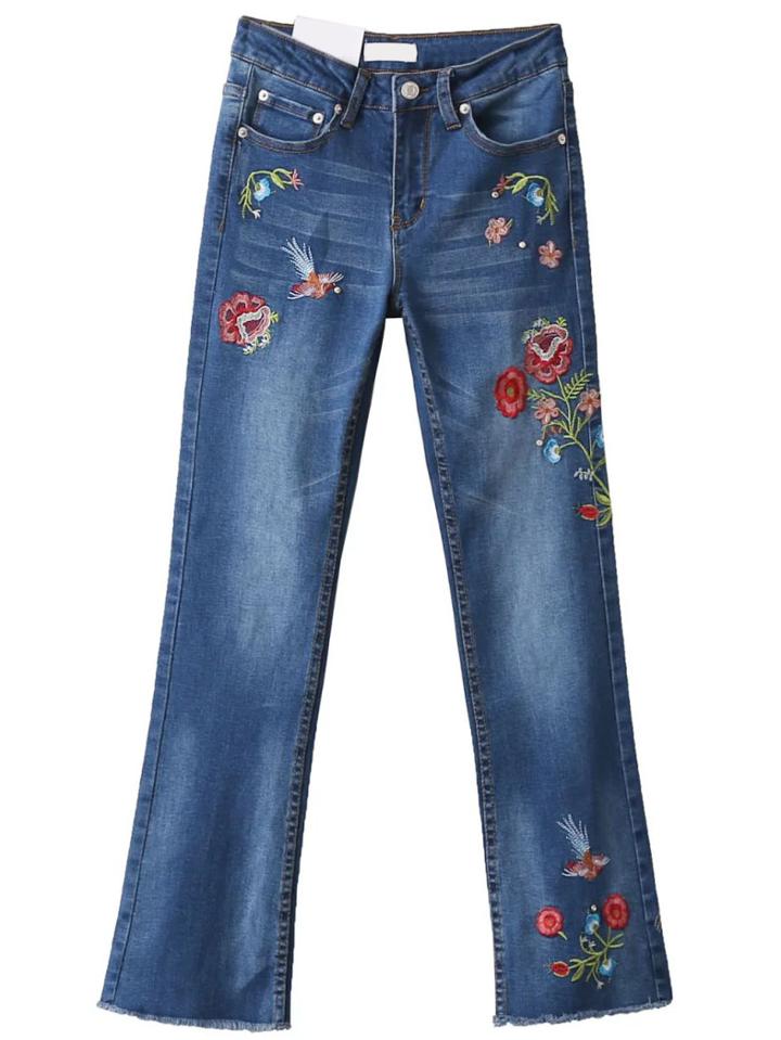 Romwe Blue Flower Embroidery Beaded Denim Pants