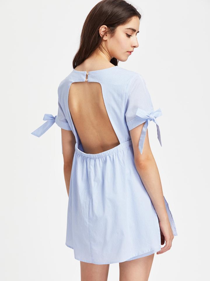 Romwe Open Back Tie Sleeve Empire Waist Striped Skort Playsuit