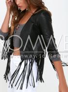 Romwe Black Tassel Crop Jacket