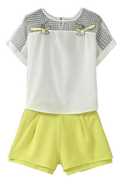Romwe Birds Embroidered Hollow Color Block Casual Suit