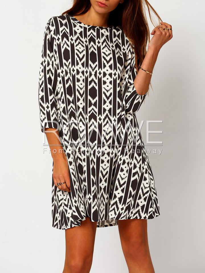 Romwe Crew Neck Folk Print Shift Dress