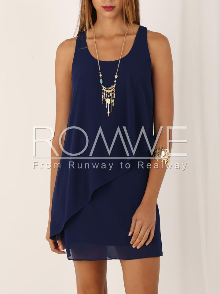 Romwe Navy Sleeveless Ruffle Dress