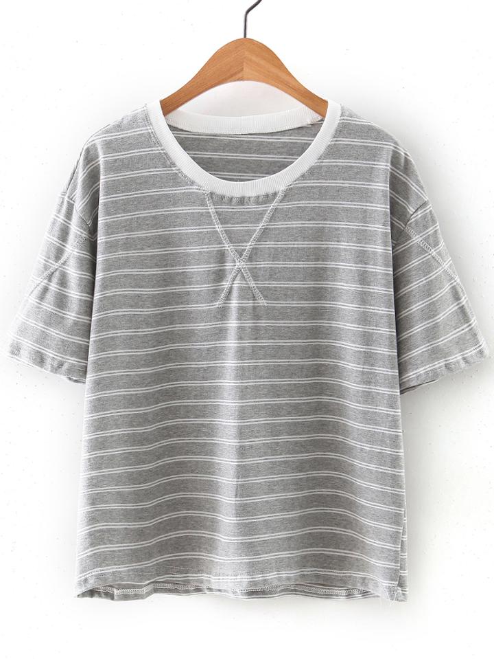 Romwe Grey Round Neck Stripe T-shirt