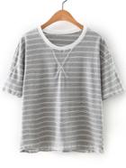 Romwe Grey Round Neck Stripe T-shirt
