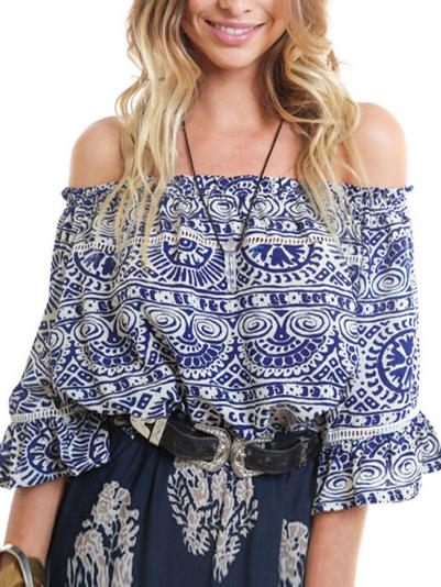 Romwe Off The Shoulder Vintage Print Crop Top