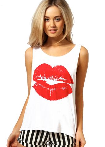 Romwe Sleeveless Lip Print White Vest