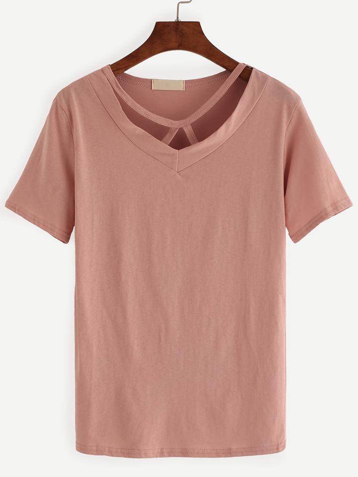 Romwe Pink Cut Out V Neck T-shirt