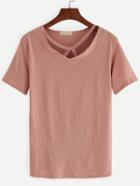Romwe Pink Cut Out V Neck T-shirt