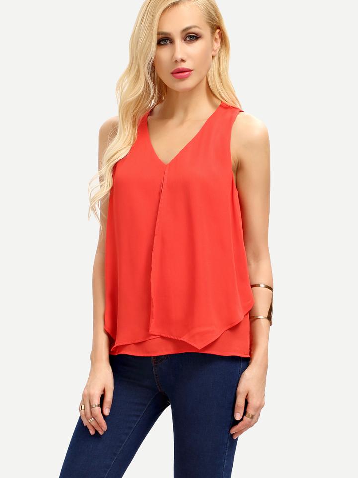 Romwe Orange Red V Neck Tank Top